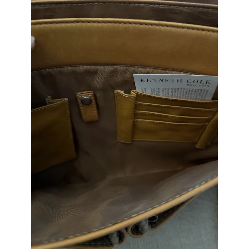 KENNETH COLE New York Tan Leather Messenger Laptop Travel Shoulder Bag Brief Vtg